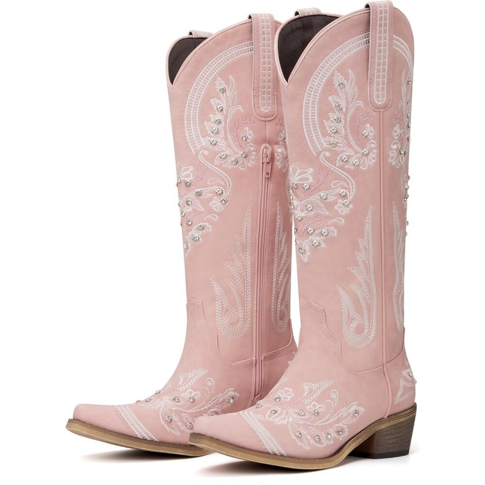 Women's Pink Embroidered Rhinestones Knee High Cowgirl Boots Pointed Toe - Picture 6 of 7